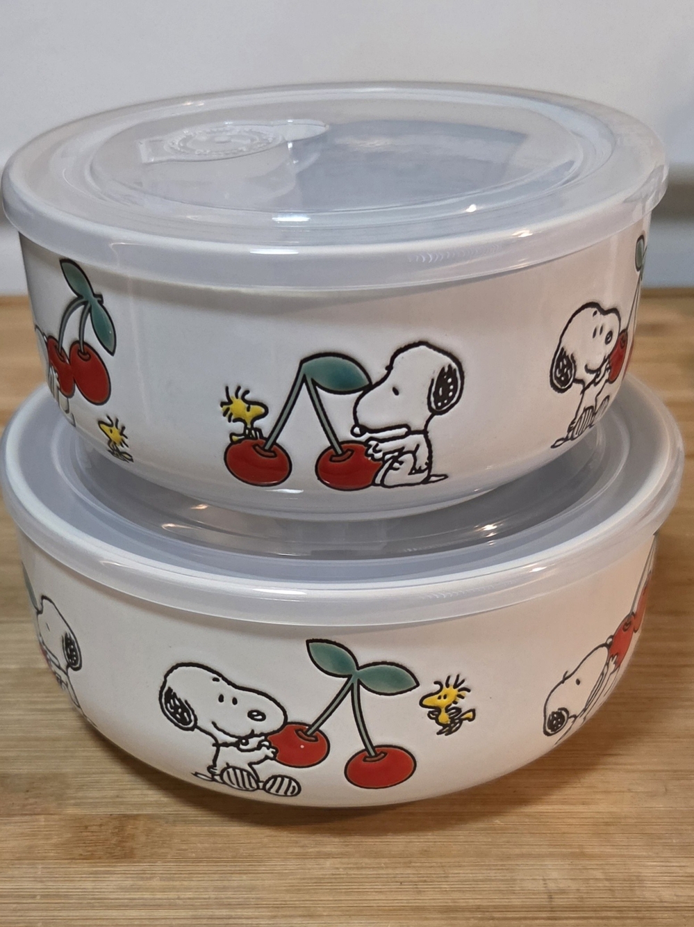 Peanuts - Snoopy & Woodstock Cherry Ceramic Storage Bowls - (2) White/Red
